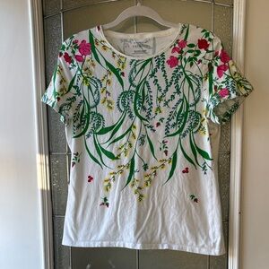 Talbots White Top with Pink and Green Floral Design